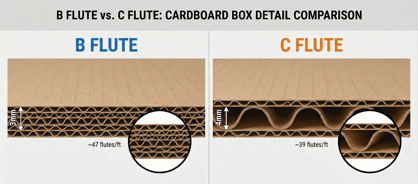 Side-by-side comparison showing thinner B-Flute cardboard waves versus taller, thicker C-Flute waves.